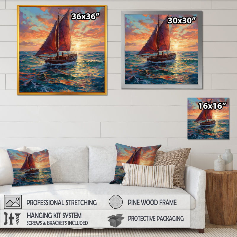 Voilier en mer II sur toile, Cadre photo noir, H 16 po x l 16 po x P 1 po