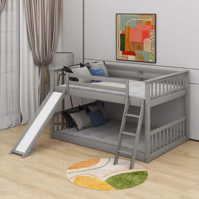 Lit superposé double au-dessus de double avec glissière convertible et échelle, gris