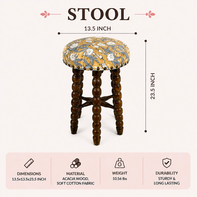 Tabouret de bar rembourré avec structure en bois d'acacia massif Spindle, H 23,5 po x L 13,5 po x P 13,5 po, Jaune + brun