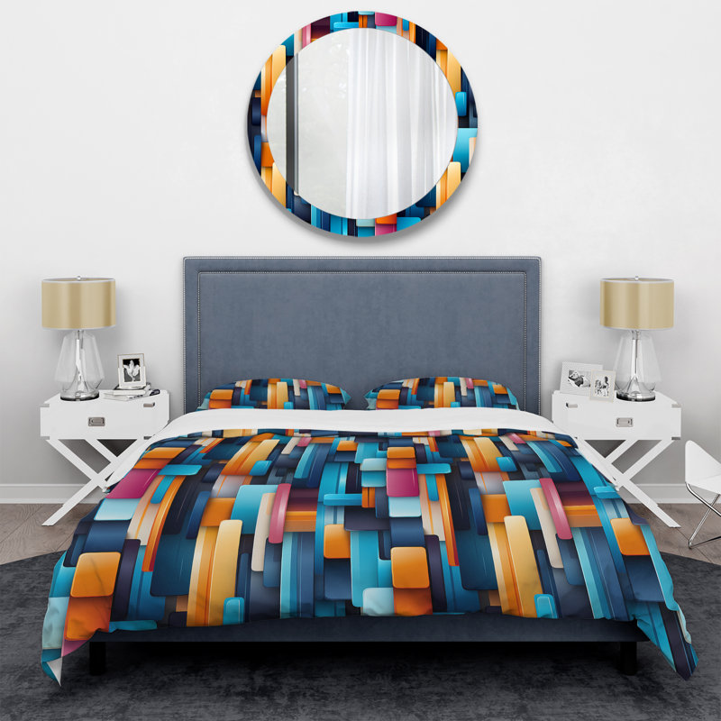 Ensemble de housse de couette bleu et rose à motif futuriste à rayures III, Housse de couette simple + 1 taie décorative stan