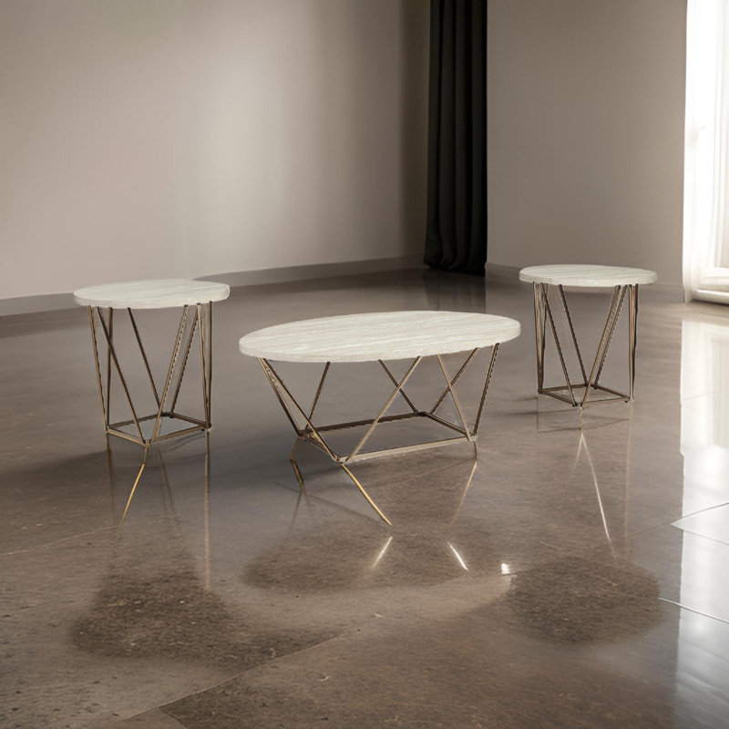 Ensemble de tables basses 3 pièces Lembo, Blanc / Doré