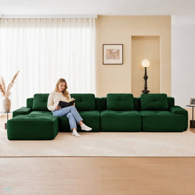 Canapé modulaire en forme de L de 153 po pour salon modulaire en tissu de velours côtelé de 153 po avec siège profond et repose-pieds mobile, passepoil perlé, conception sans assemblage, conception antidérapante