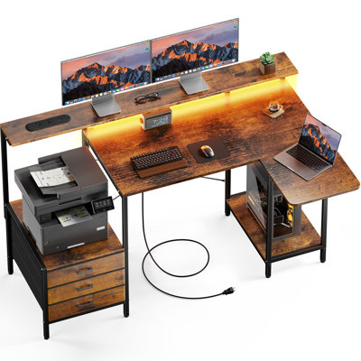 L Shaped Computer Desk with LED Lights, Power Outlets & USB Charging Ports, Foldable Extension Panel, Home Office Desk with Storage Drawers & Open Shelves, Rustic Brown