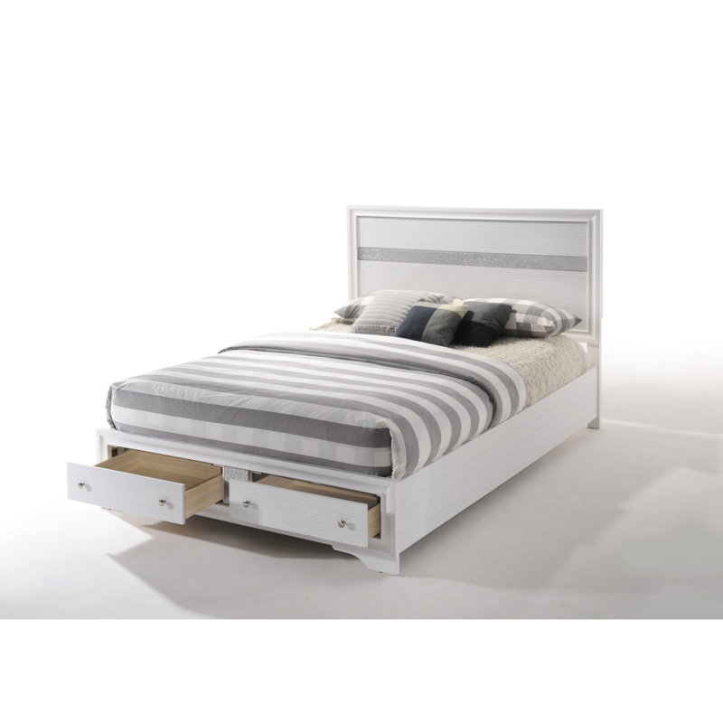 Grand lit de rangement blanc - Structure en bois sans sommier requis 3 lattes + 5 panneaux 2 tiroirs avec glissière centrale en métal à profil bas 8-10 po