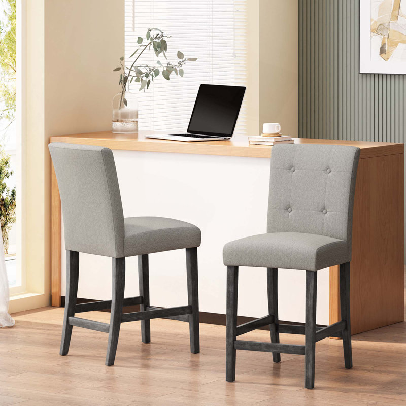 Ensemble de 2 tabourets de comptoir capitonnés contemporains en tissu, 26 po, Grey, Gris clair