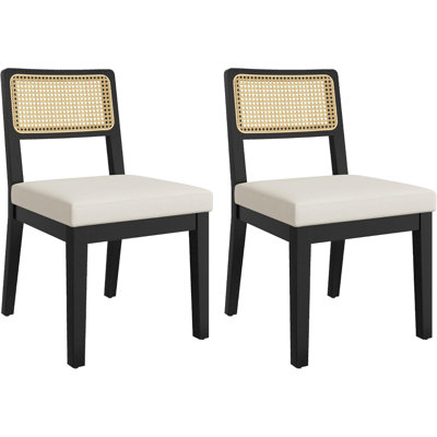 Rattan Dining Chairs Set of 2, French Country Wood Chairs with Rattan Back, Black