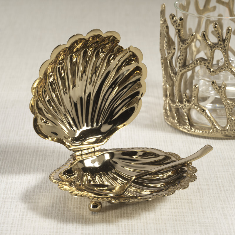 Cap Ferrat Fan Shell Lidded Bowl with Spoon, Gold