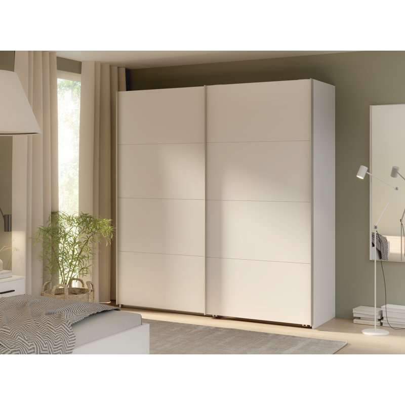 Modern Wardrobe with 2 Sliding Doors, Engineered Wood, White, 211cm H x 150cm W x 63cm D, Chrome