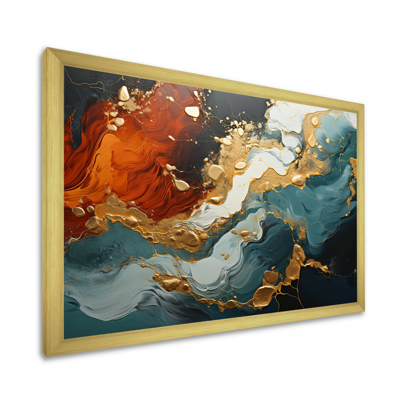 Tempête de marbre bleu et doré I - art mural abstrait, Cadre d'angle fermé doré, H 16 po x l 32 po x P 1 po