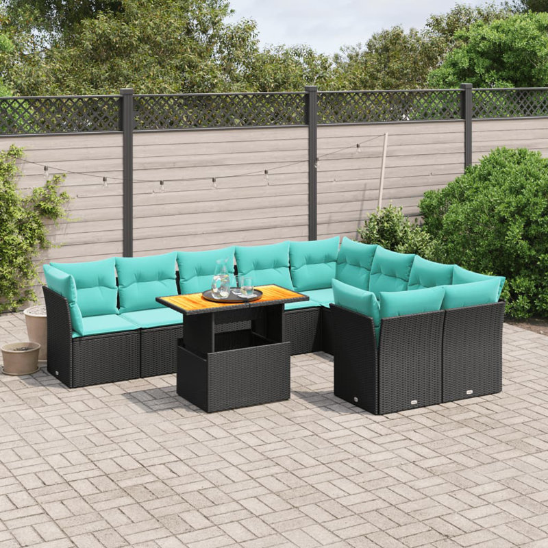 Ensemble de canapé de patio 10 pièces avec coussins en rotin de polyester, Bleu clair, Noir