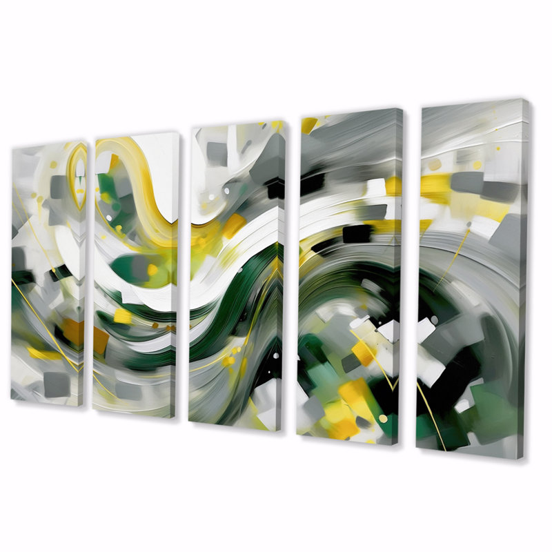 «Yellow and Green Abstracted Perspectives I», reproduction d'art sur toile abstraite - 5 panneaux égaux