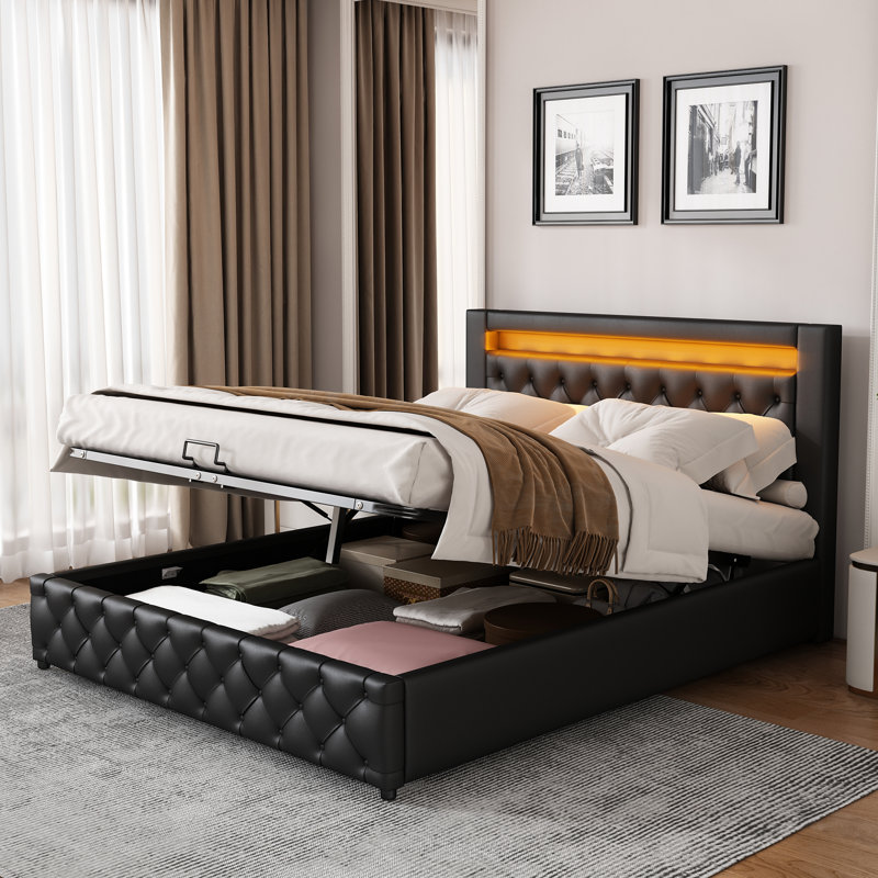 Classic Upholstered Bed Frame With Led Headboard & Storage, Black, Double (4'6)