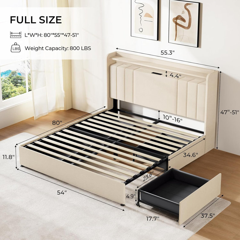 Lit plateforme tapissier avec station de chargement et de rangement à 4 tiroirs, Beige, Double