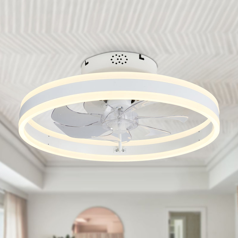 Desnoyer 20" Modern White Flush Mount Ceiling Fan with Lights, 3-Color Dimmable & 6-Speed with Remote & APP Control, Low Profile Enclosed Ceiling Fan Light Fixture for Bedroom Living Room
