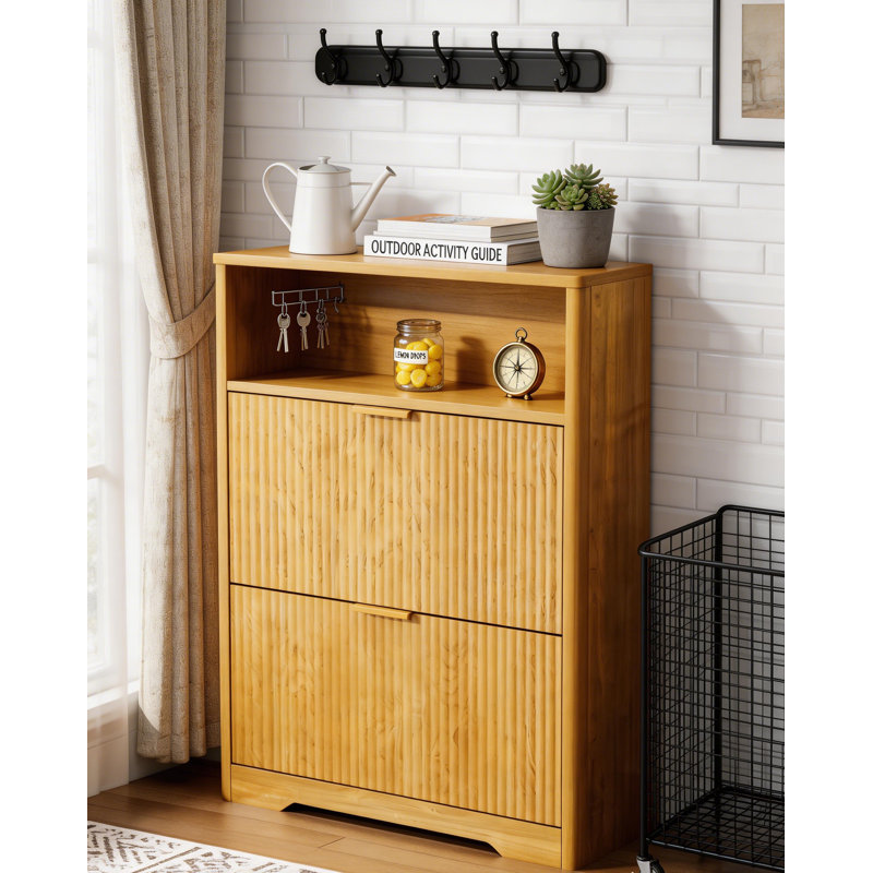 Narrow Flip-Door Shoe Cabinet With Open Shelf, Natural Finish, 40" H x 31.6" W x 9.6" D , Natural Wood