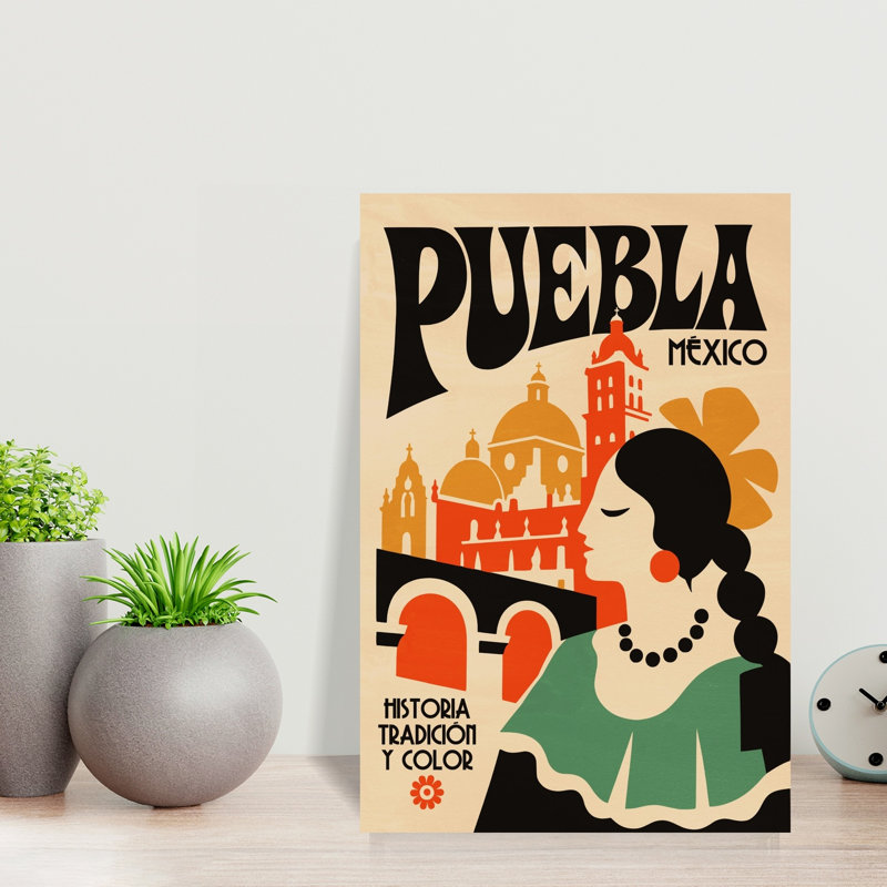 Retro Puebla Mexico Travel Colorful Retro Traditional Architecture City Wall Art Print 1 Piece Wrapped Canvas Wall Art