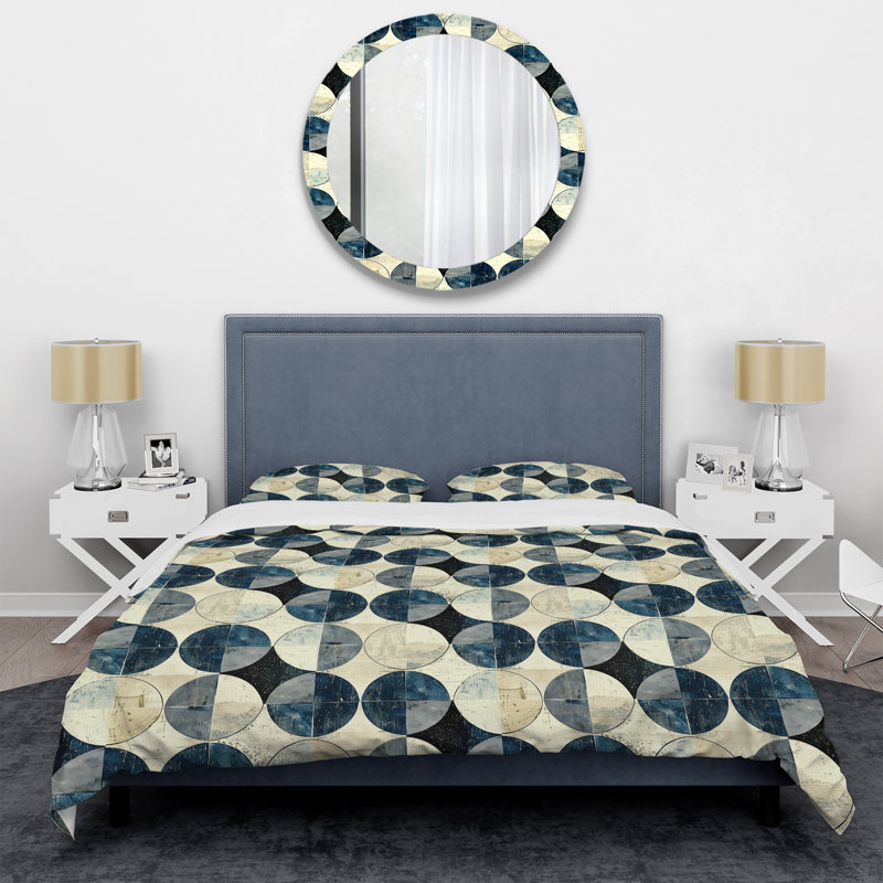 Ensemble de housse de couette blanc à motif géométrique Mid-Century, Housse de couette très grand + 2 taies décorativ