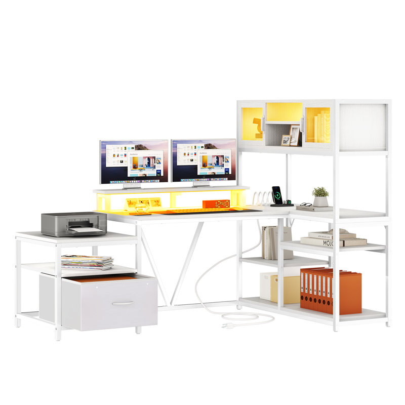 78.7'' Reversible L Shaped Desk with Power Outlets, LED Lights & Drawer Bookshelf, White
