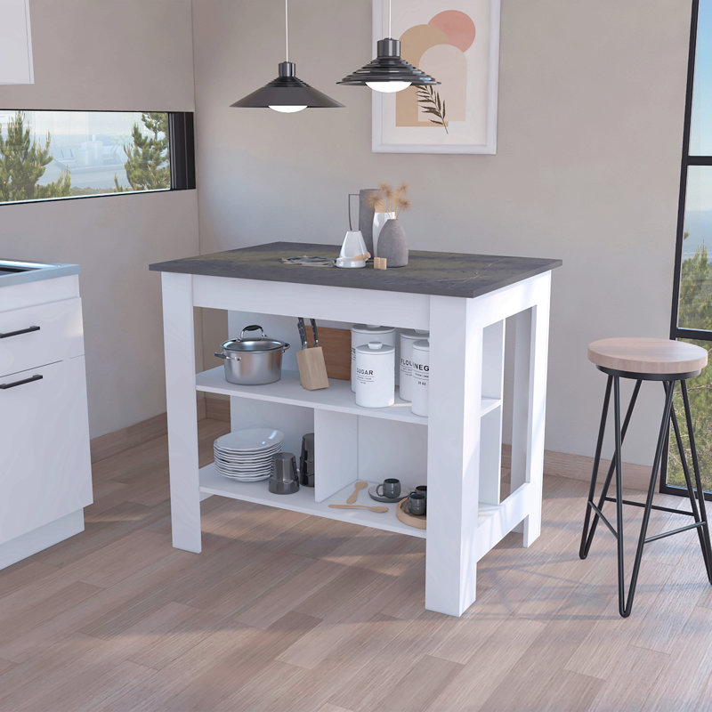 Kitchen Island, Three Concealed Shelves, White