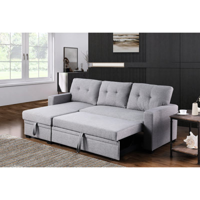 Canapé modulaire coulissant en lin gris à 3 places avec méridienne convertible et coussins de dossier amovibles