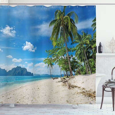 Landscape Exotic Botanic Island Near Seashore Palms Mountains Clear Bright Sky Photo Single Shower Curtain -  Ambesonne, sc_28079_long