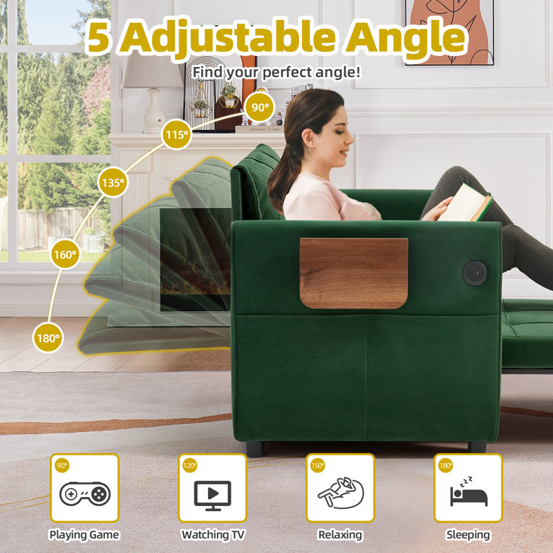 4-In-1 Convertible Sleeper Sofa Bed For Adults – 90" Extra Long Pull-Out Bed With Wing Table, USB Charging & Storage, Green