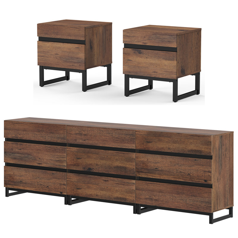 Ensemble de meubles de chambre à coucher 3 pièces, commode et commode 94,5 pouces avec 9 tiroirs, 2 tables de chevet avec 2 tiroirs, table d'appoint pour chambre à coucher, ensemble de meubles de chambre à coucher