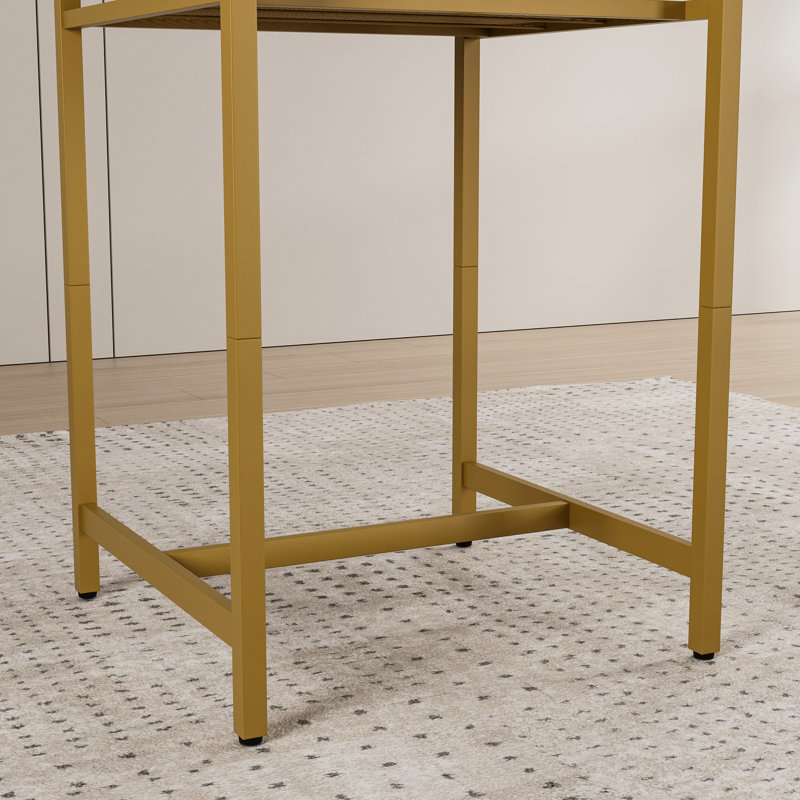 Table de bar et 2 tabourets, blanc doré, structure en métal imitation bois, élégante et pliable, idéale pour les petits espaces.