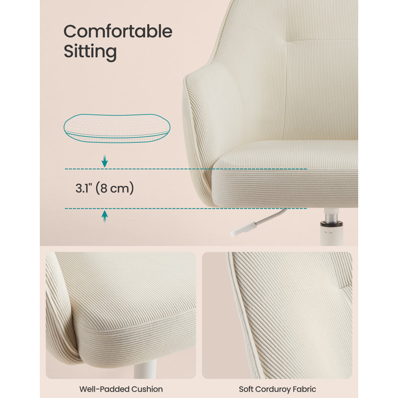 Office Chair, Swivel Desk Chair, For Makeup Vanity, Adjustable Height, Armrests, 110 Kg Load, Corduroy Fabric, Office, Study, Bedroom, Sand Beige