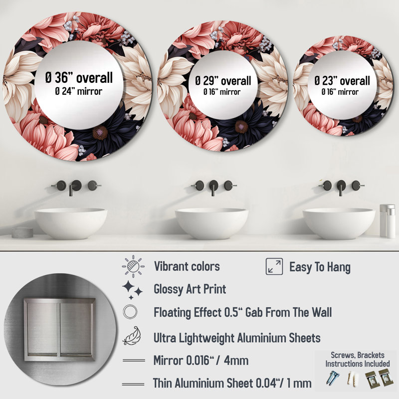 Ribaudo Light Pink And Pink Flowers  Pattern - Floral Mirror, Cottage Round Decorative Wall Mirror, Printed Metal Art