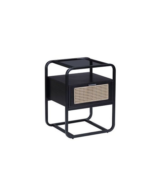 Table d'appoint en métal noir avec plateau en verre trempé Colson - Table d'appoint moderne avec tiroir de rangement et insert en rotin pour le salon