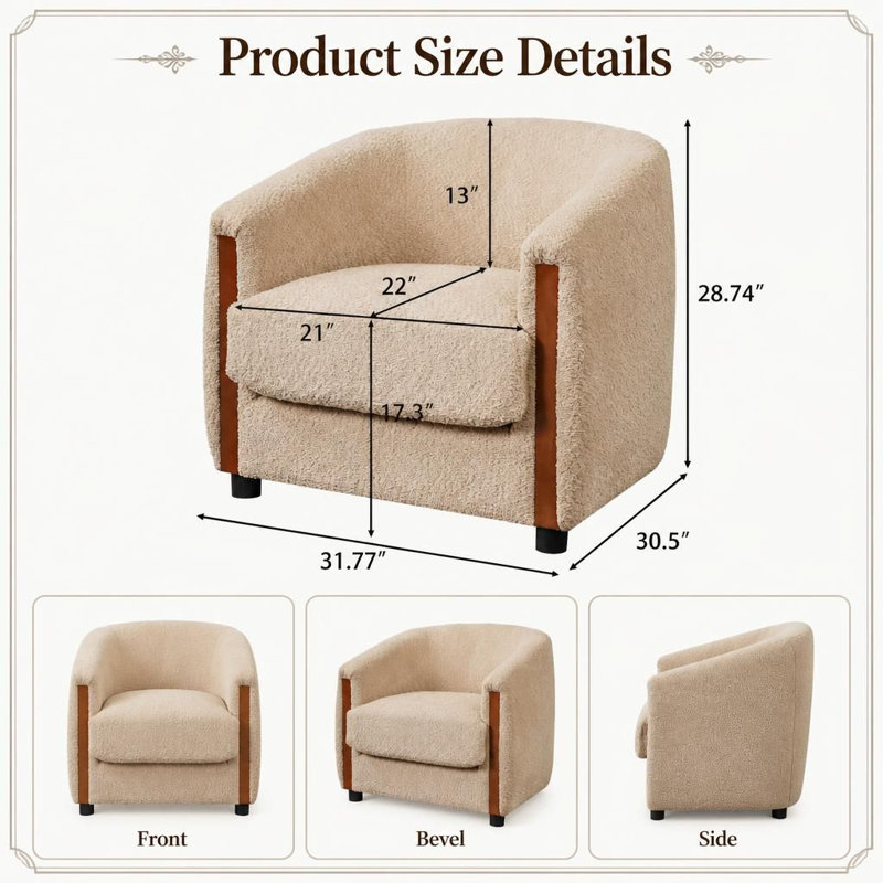 Fauteuil d'appoint moderne incurvé en forme de tonneau avec panneaux latéraux verticaux en bois massif, fauteuil rembourré en polaire douce avec coussin d'assise amovible, fauteuil lounge ergonomique