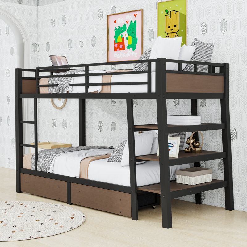 Metal Bunk Bed with Built-in Outlet and Extensive Storage, Twin Over Twin