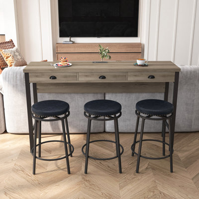 3-Drawer Long Dining Table Set With Power Outlets, Bar Kitchen Table Set With Circular PU Stools, Easy Assemble