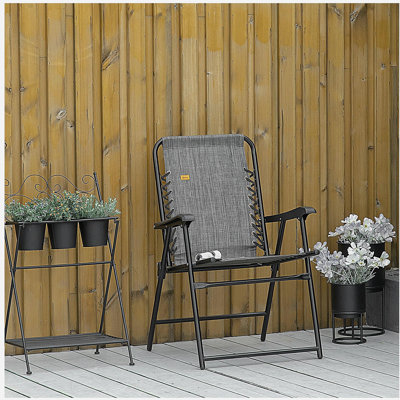 Outsunny Patio Folding Chair, Outdoor Bungee Sling Chair w/ Armrests, Portable Lawn Chair for Camping, Garden, Pool, Beach, Backyard, Gray