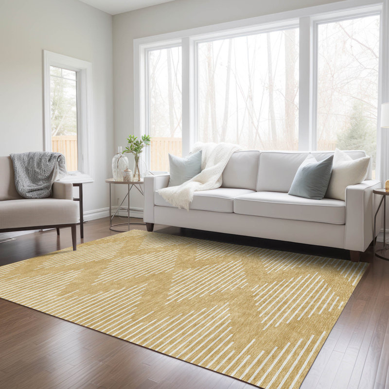 Gold and White Geometric Washable Synthetic Rug 2'6" x 3'10"