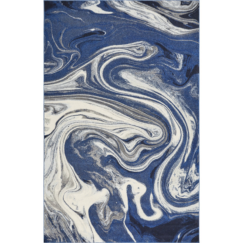 Tapis d'intérieur bleu en marbre tissé à la machine Strouth, Rectangle 3 pi 3 po x 4 pi 11 po