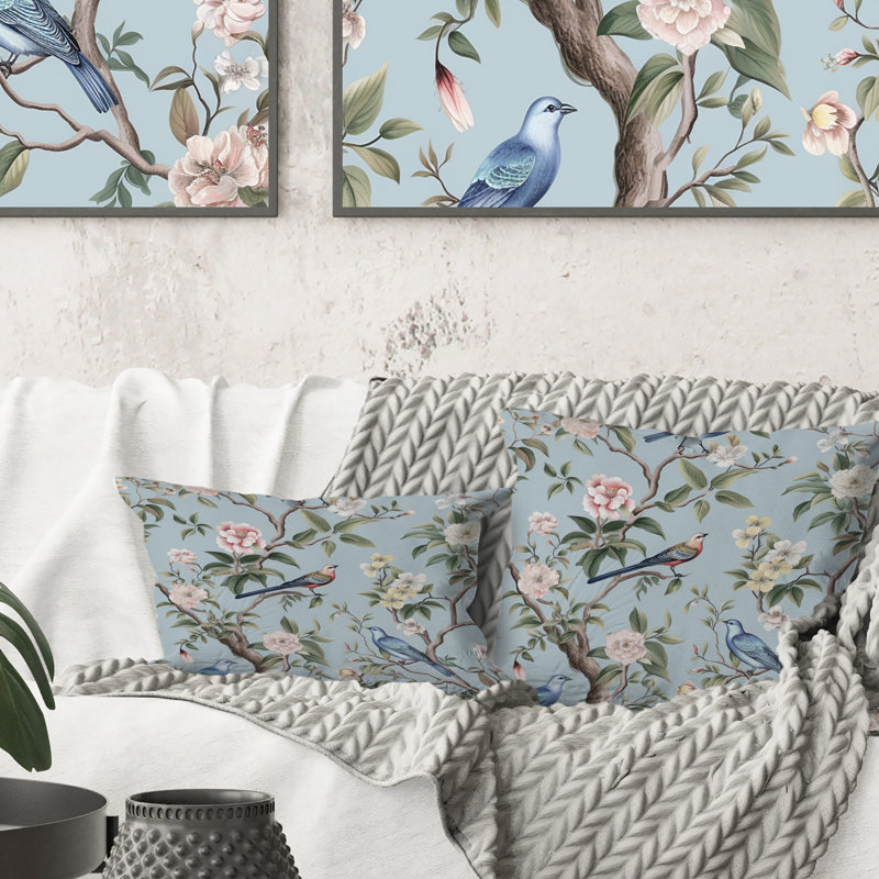 Chinoiserie avec oiseaux et pivoines - coussin floral imprimé, Rectangle 12"H x 20"W