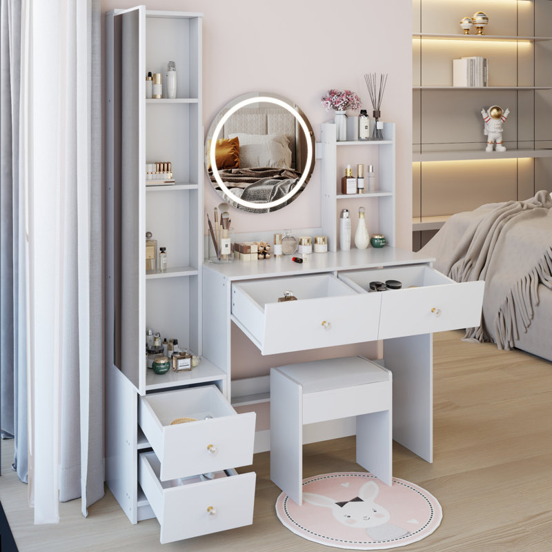Full Body Mirror Cabinet + Round Mirror LED Vanity Table + Cushioned Stool, 17" Diameter LED Mirror, Touch Control, 3-Color, Brightness Adjustable, Large Desktop, Multi-Layer High Capacity Storage
