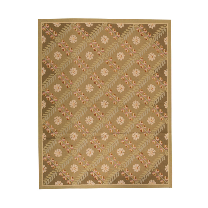 Hand-Knotted High-Quality Green and Tan Area Rug