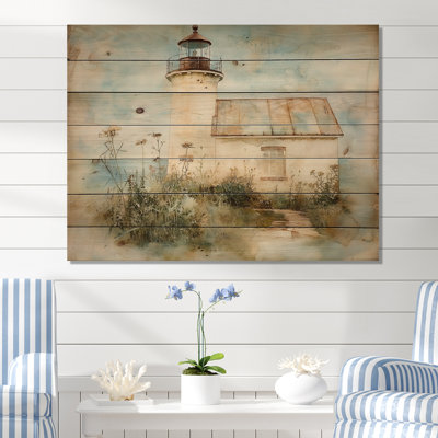 Calm Watercolor Lighthouse Garden At The Beach - Lighthouses Wooden Wall Art On Natural Pine Wood
