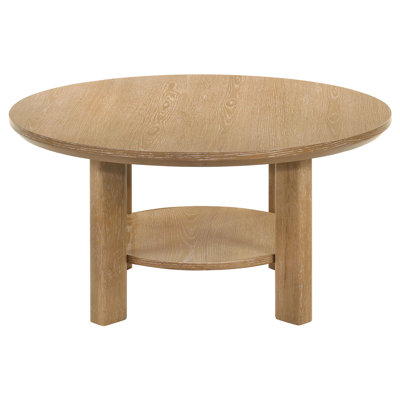 Ottowa Round White Oak Veneer Coffee Table with Lower Storage Shelf, Washed Oak