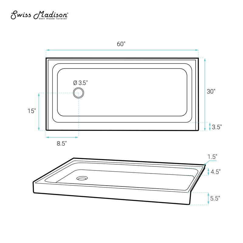 Voltaire 60 X 30 Shower Pan Base With Left Drain In Glossy, Left, White