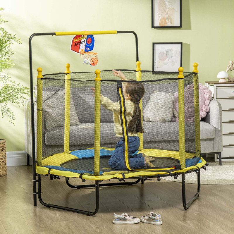 Trampoline polyvalent pour enfants avec caractéristiques de sécurité et accessoires réglables, Jaune