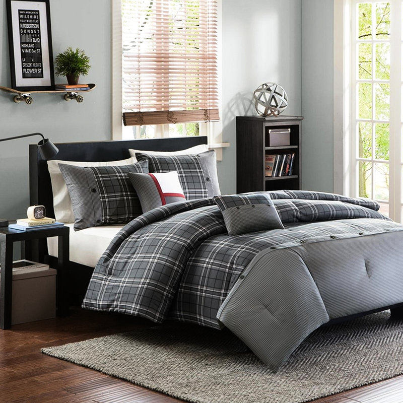 Édredon simple / simple TG en tissu écossais classique avec coussins décoratifs gris et blancs