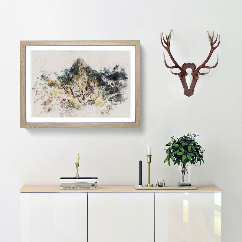 Machu Picchu & Huayna Picchu Mountain - Picture Frame Painting Print, 36cm H x 48cm W x 2cm D, Oak Framed