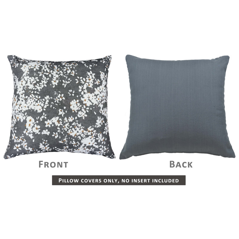 Steel Gray Floral Polyester Square Throw Pillow Set