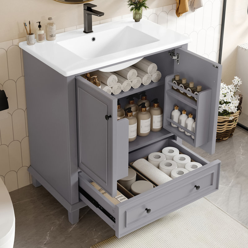 Single Bathroom Vanity with Ceramic Basin, Grey