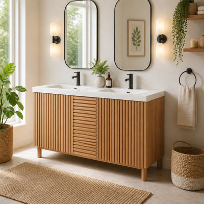 59 Inch Double Sink Bathroom Vanity with SMC Resin Basin, MDF Cabinet Solid Wood Legs, for Medium to Large Bathrooms