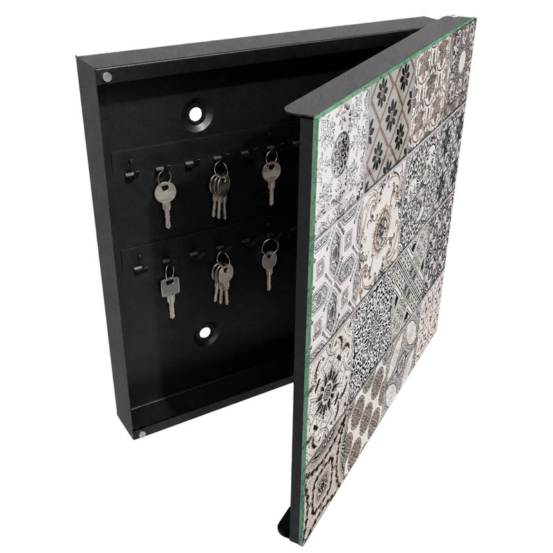 Key box for home, Opens to the left, 30x30x5, White, Decorative tiles with unique patterns, 